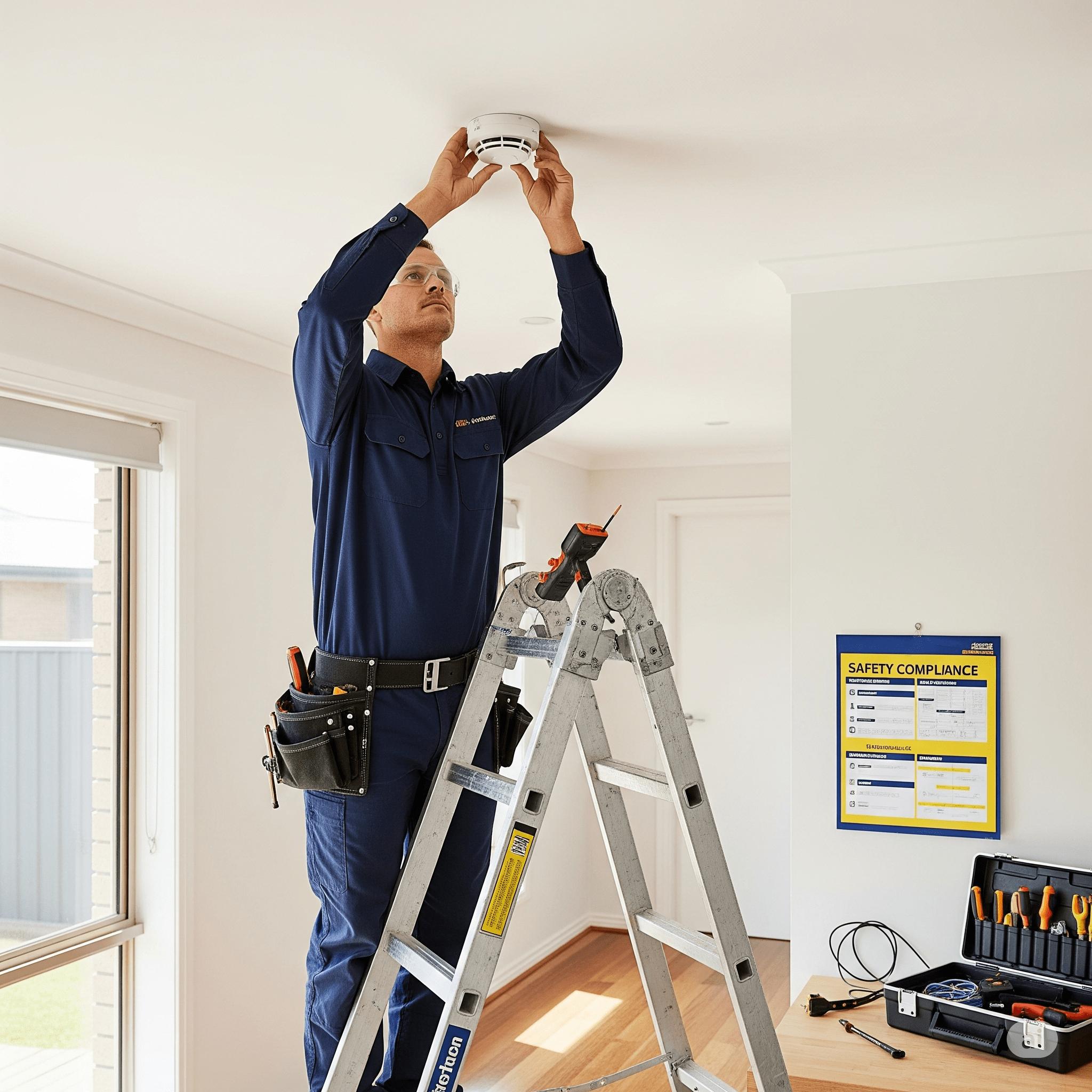 Licensed Queensland smoke alarm installer working on ceiling installation